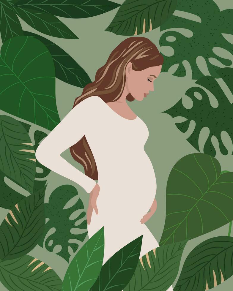 Beautiful pregnant woman in a light dress on a background of tropical leaves. Poster, print, flat illustration vector