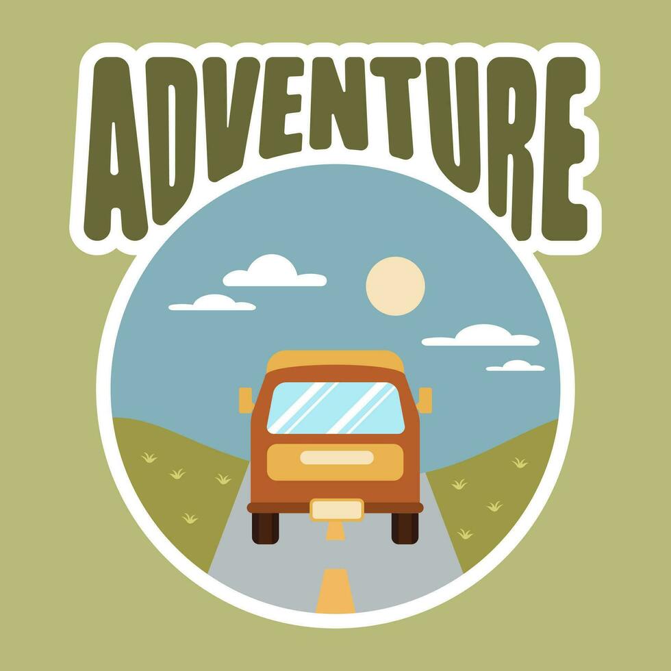 ilustración de viaje, autobús en el fondo de un paisaje de verano y la aventura de texto. pancarta, imágenes prediseñadas, póster vector