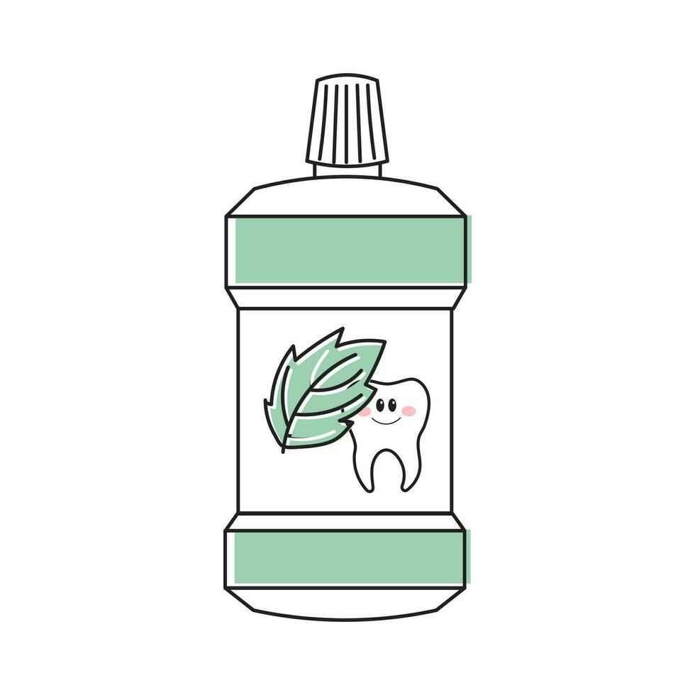 Rinsing elixir for teeth. Cartoon doodle illustration. Dental care. Logo, icon, vector