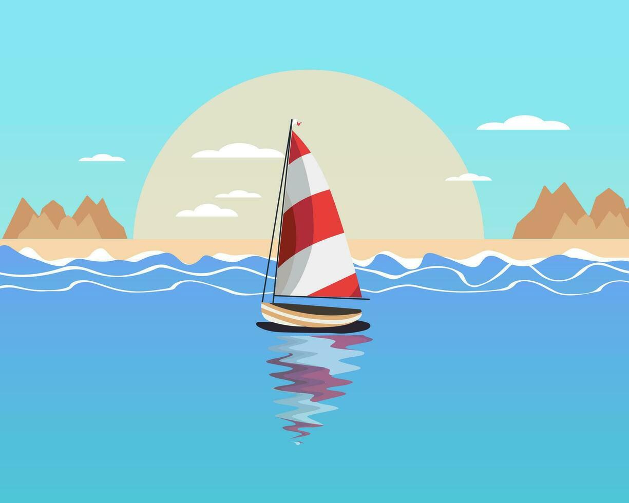 Seascape, white sailboat, yacht against the backdrop of the sea and mountains. Summer illustration, vector