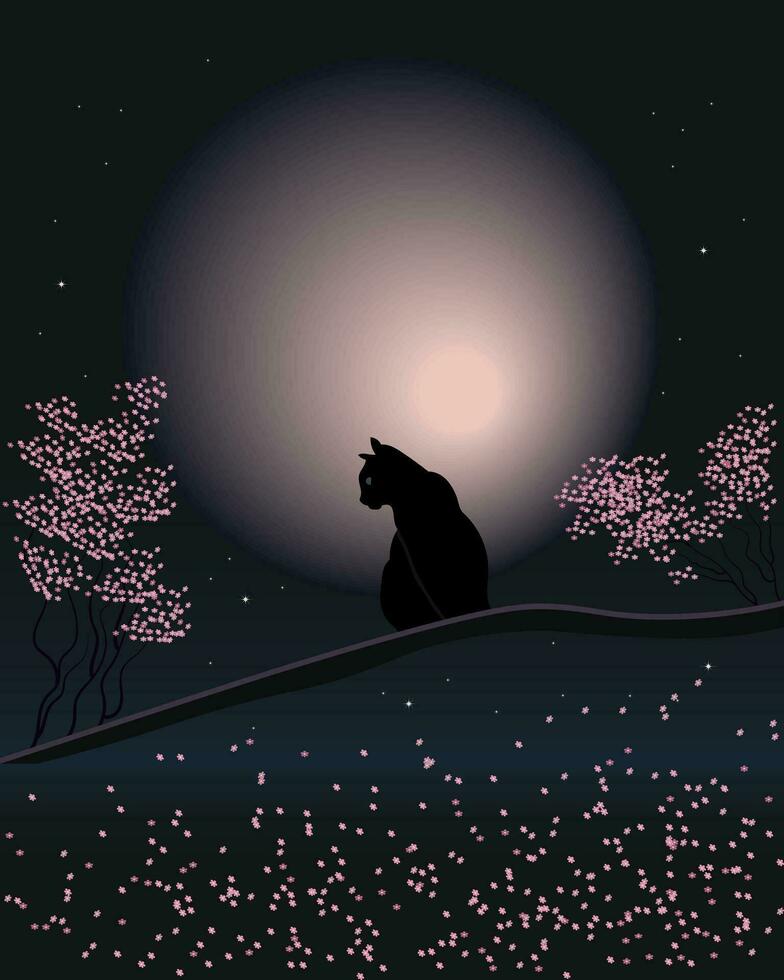 Night landscape, silhouette of a black cat on a tree and the moon on an abstract starry background. Poster, Illustration, wallpaper, vector