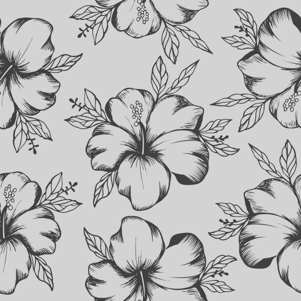 Seamless pattern, gray-gold hibiscus flowers close-up. Vintage background, print, textile, vector