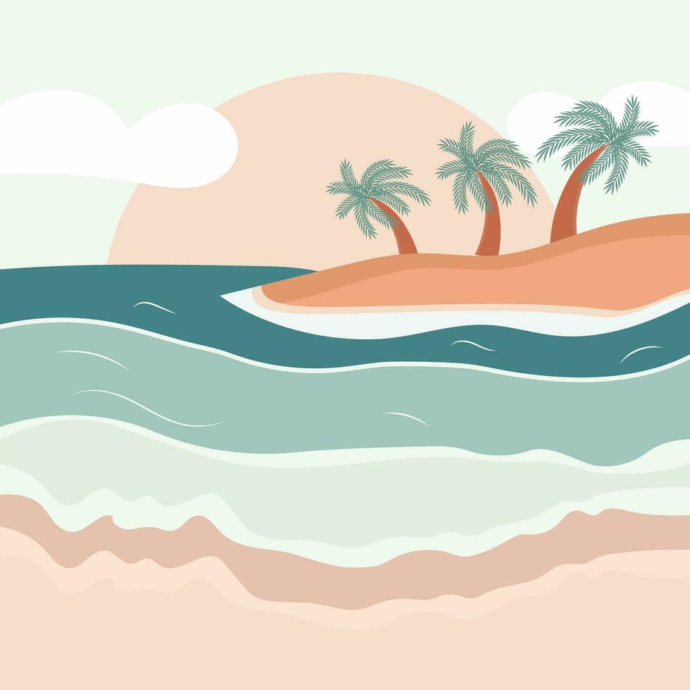 Seascape, palm trees on the island against the background of the sea. Summer illustration, print, poster vector