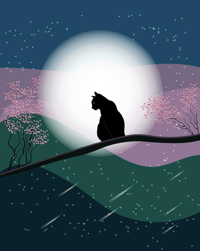 noche paisaje, silueta de un negro gato en un árbol y el Luna en un resumen estrellado antecedentes. póster, ilustración, fondo de pantalla, vector