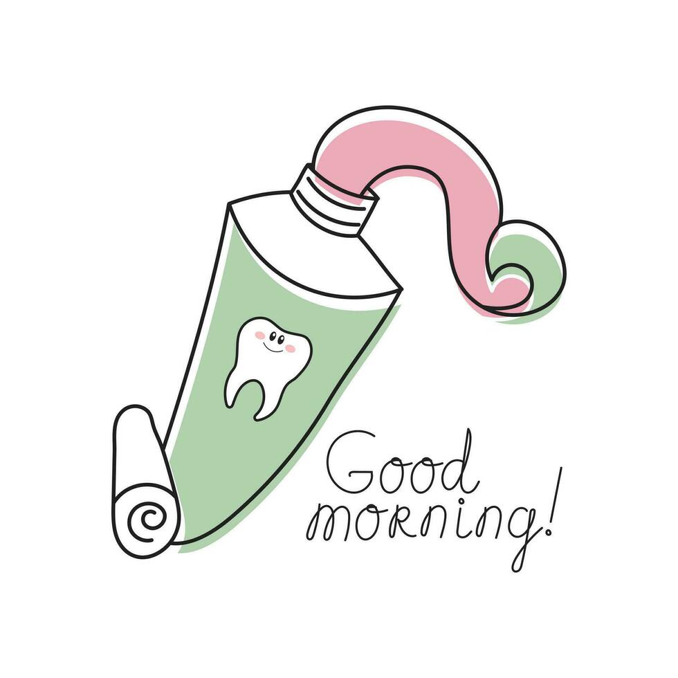 Tube of toothpaste, tooth and lettering Good morning. Cartoon doodle illustration. Dental care. Logo, icon, vector