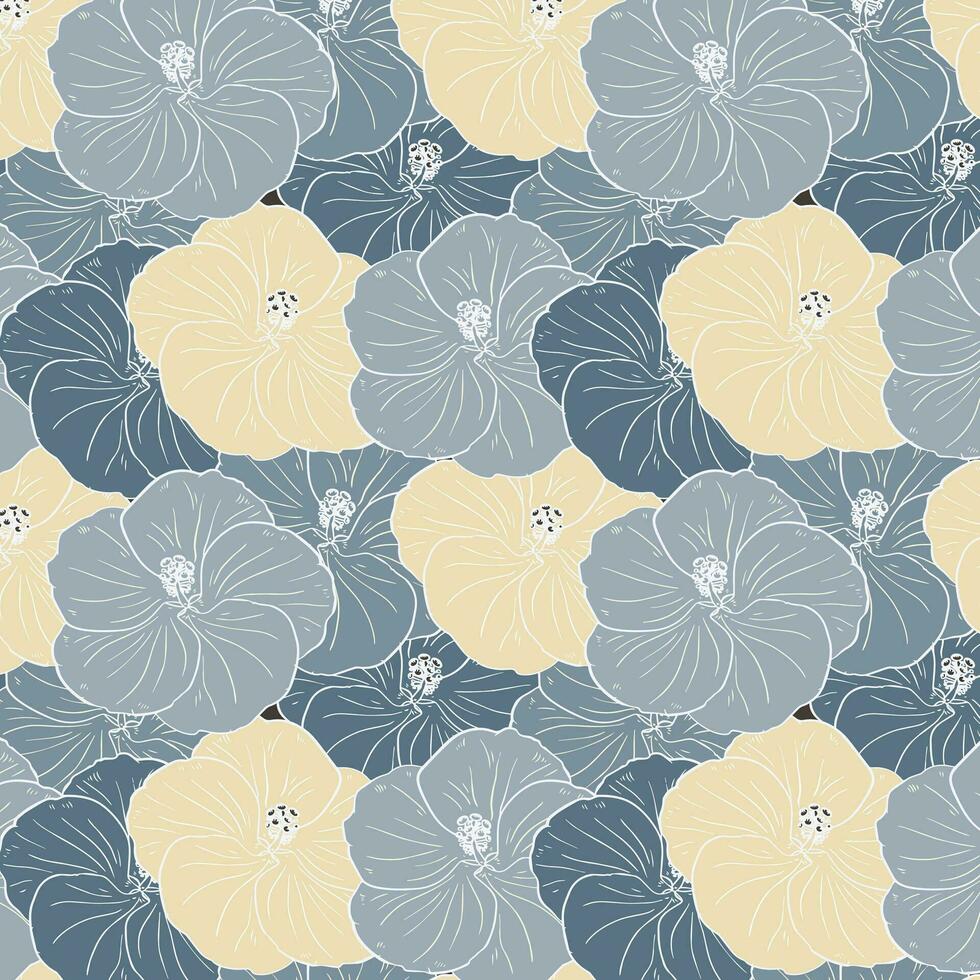 Seamless pattern, blue and beige hibiscus flowers with white outline. Retro print, textile, background, vector