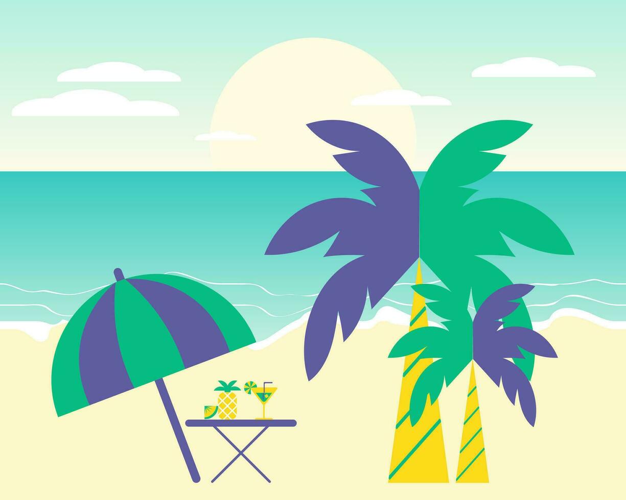 Seascape, beach umbrella, cocktail, pineapple on the background of the sea with palm trees. Clip art, print, poster vector