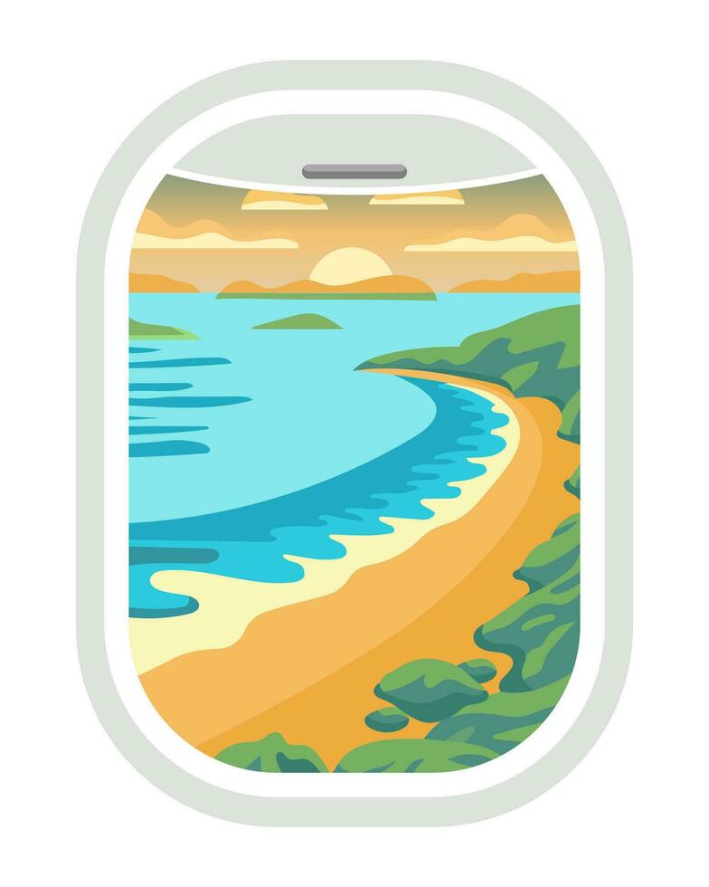 Seascape from the window of an airplane porthole. Summer vacation and travel illustration, vector