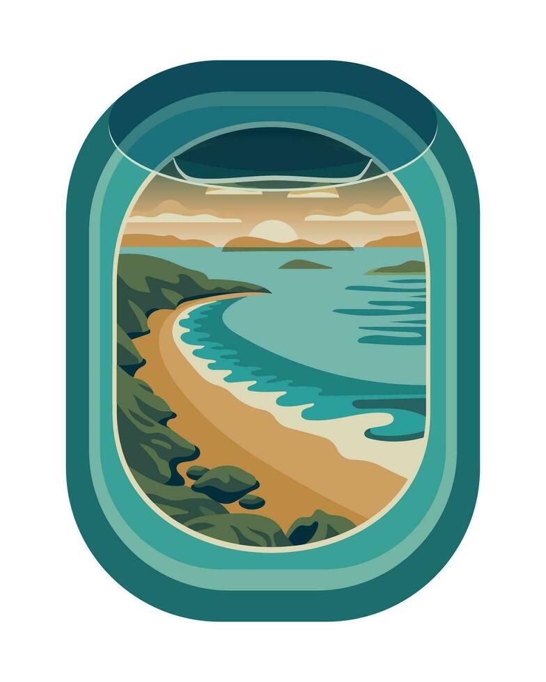 Seascape from the window of an airplane porthole. Summer vacation and travel illustration, vector