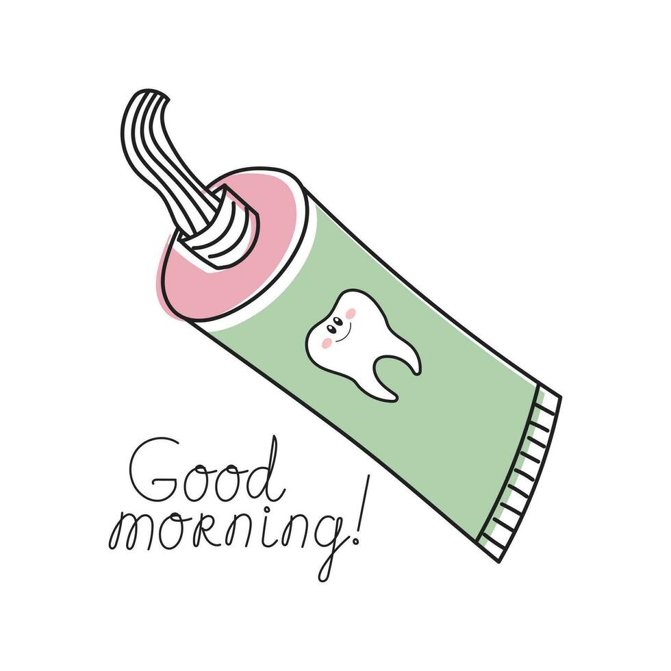 Tube of toothpaste, tooth and lettering Good morning. Cartoon doodle illustration. Dental care. Logo, icon, vector