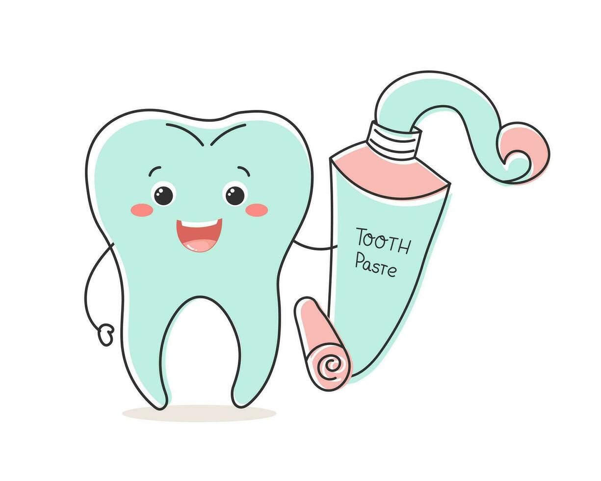 Healthy tooth character kawaii with a tube of toothpaste, cute cartoon character. Dental care. Illustration, icon, vector