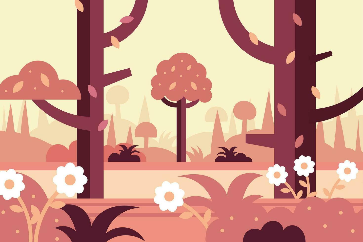 bosque paisaje, bosque con arboles y margarita flores verano plano ilustración, póster, vector