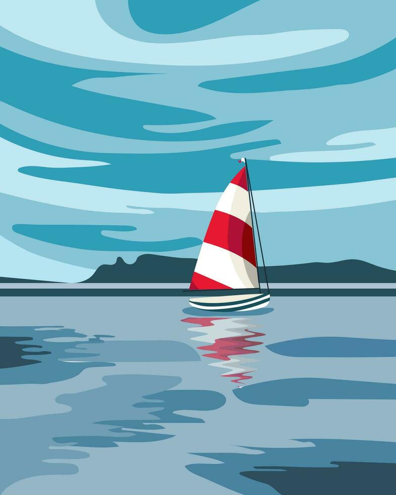 Seascape, white sailboat, yacht against the backdrop of the sea and mountains. Summer illustration, vector