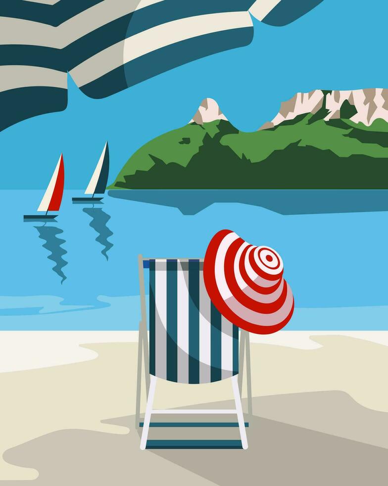 Seascape, beach, deck chair and hat under an umbrella against the backdrop of the sea. Poster, print, colorful summer nautical illustration vector