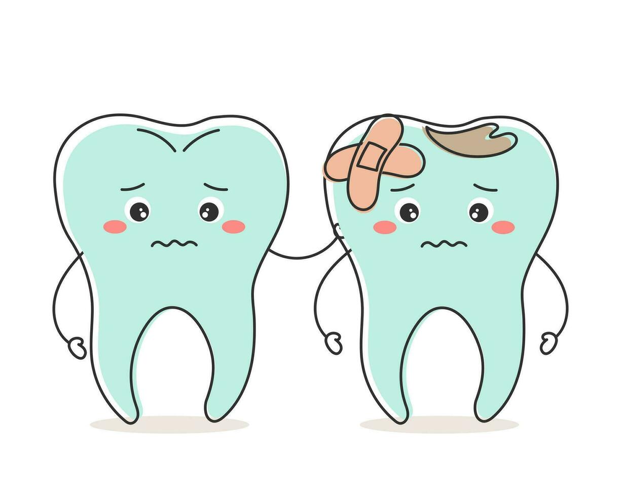 Healthy and unhealthy teeth kawaii characters, cute cartoon characters. Dental care. Illustration, icon, vector