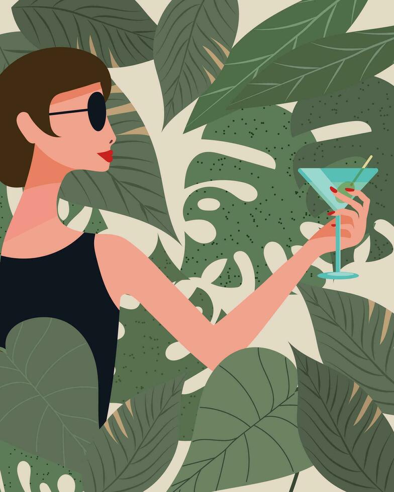 ilustración, hermosa mujer en Gafas de sol con martini en el antecedentes de tropical hojas. póster, imprimir, plano ilustración vector