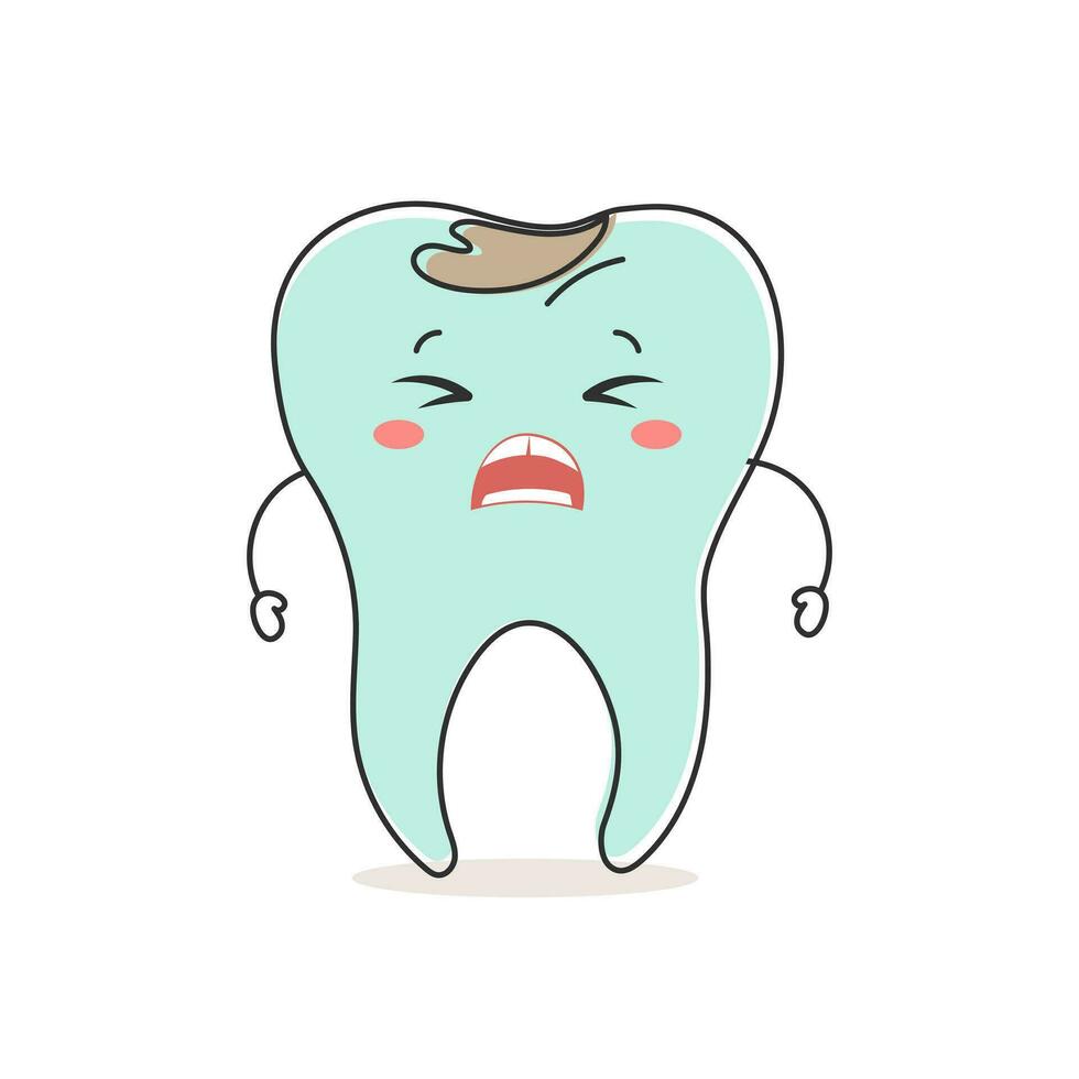 kawaii insalubre diente con dental caries, linda dibujos animados personaje. dental cuidado. ilustración, icono, vector