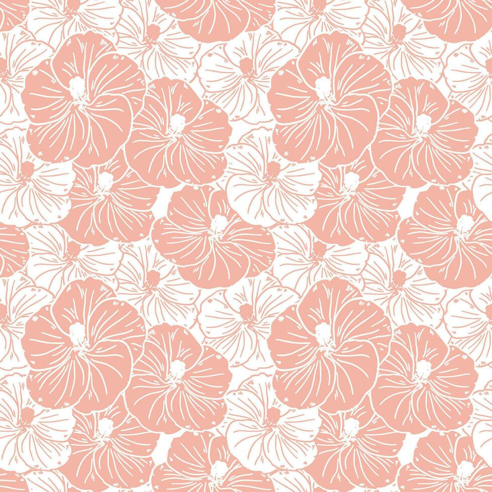 Seamless pattern, soft pink hibiscus flowers with white outline. Retro print, textile, background, vector