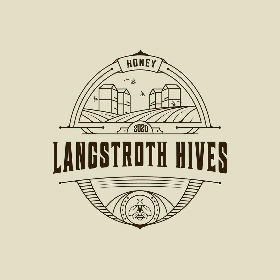 langstroth hive logo line art vintage vector illustration template icon graphic design. bee sign or symbol for fresh farm from nature product with retro badge and typography style