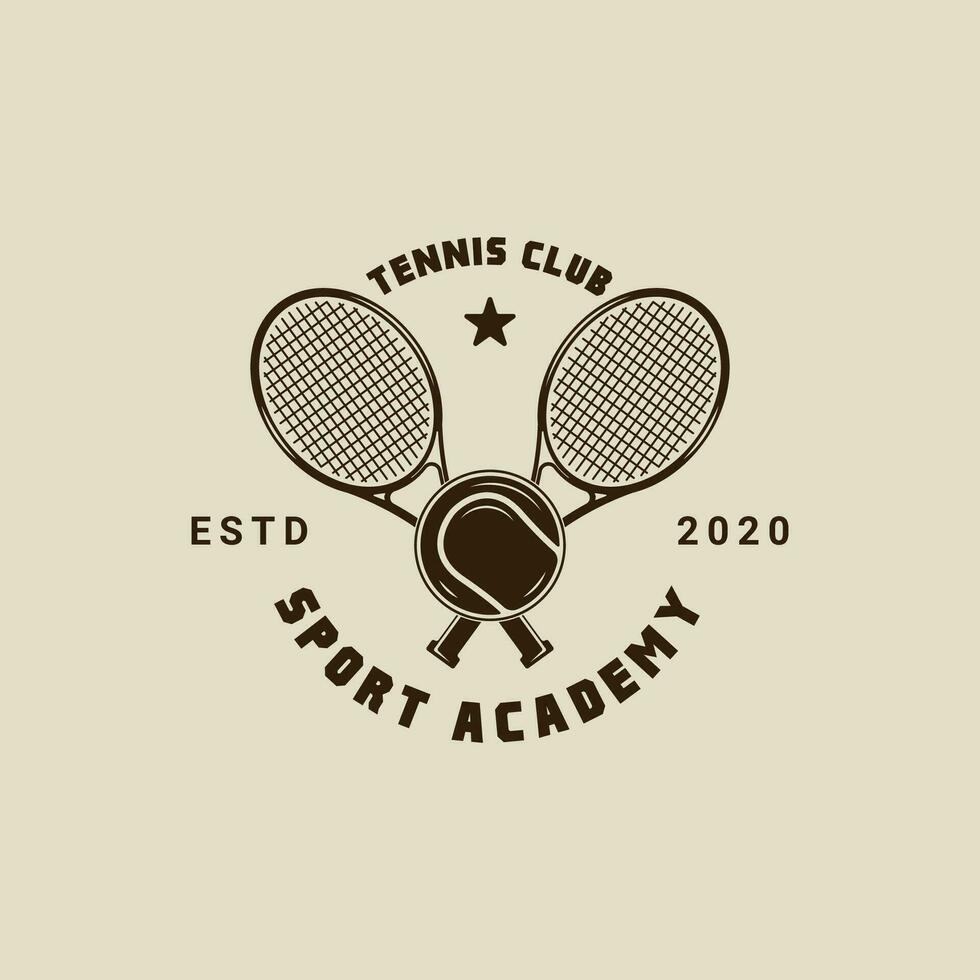 Crossed tennis rackets logo vintage vector illustration template icon graphic design. sport sign or symbol with ball for club or tournament typography retro style concept
