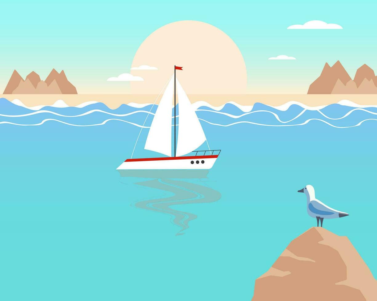 Summer illustration, seascape with white yacht, seagull, mountains at sunset or sunrise. Pastel colors. Print, clip art, poster vector