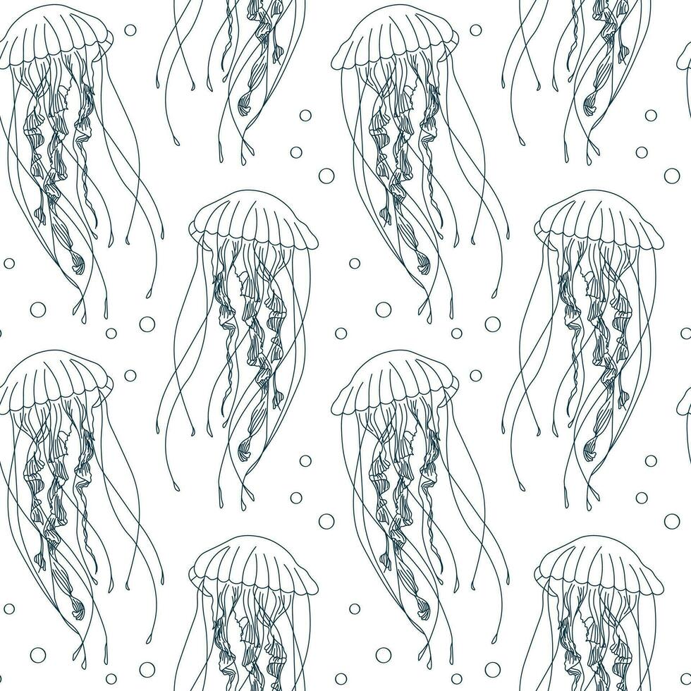 Seamless pattern, blue contour jellyfish on a white background. Print, textile, vector