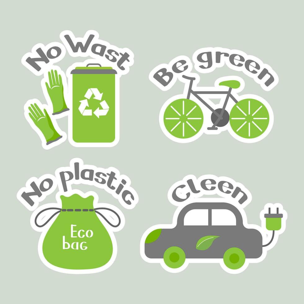 Set of environmental awareness stickers with slogan. Flat design eco concepts collection. Icons, vector