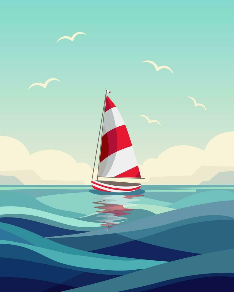 Colorful red and white yacht in the ocean, seascape with cloudy sky. Travel concept. Summer illustration, vector