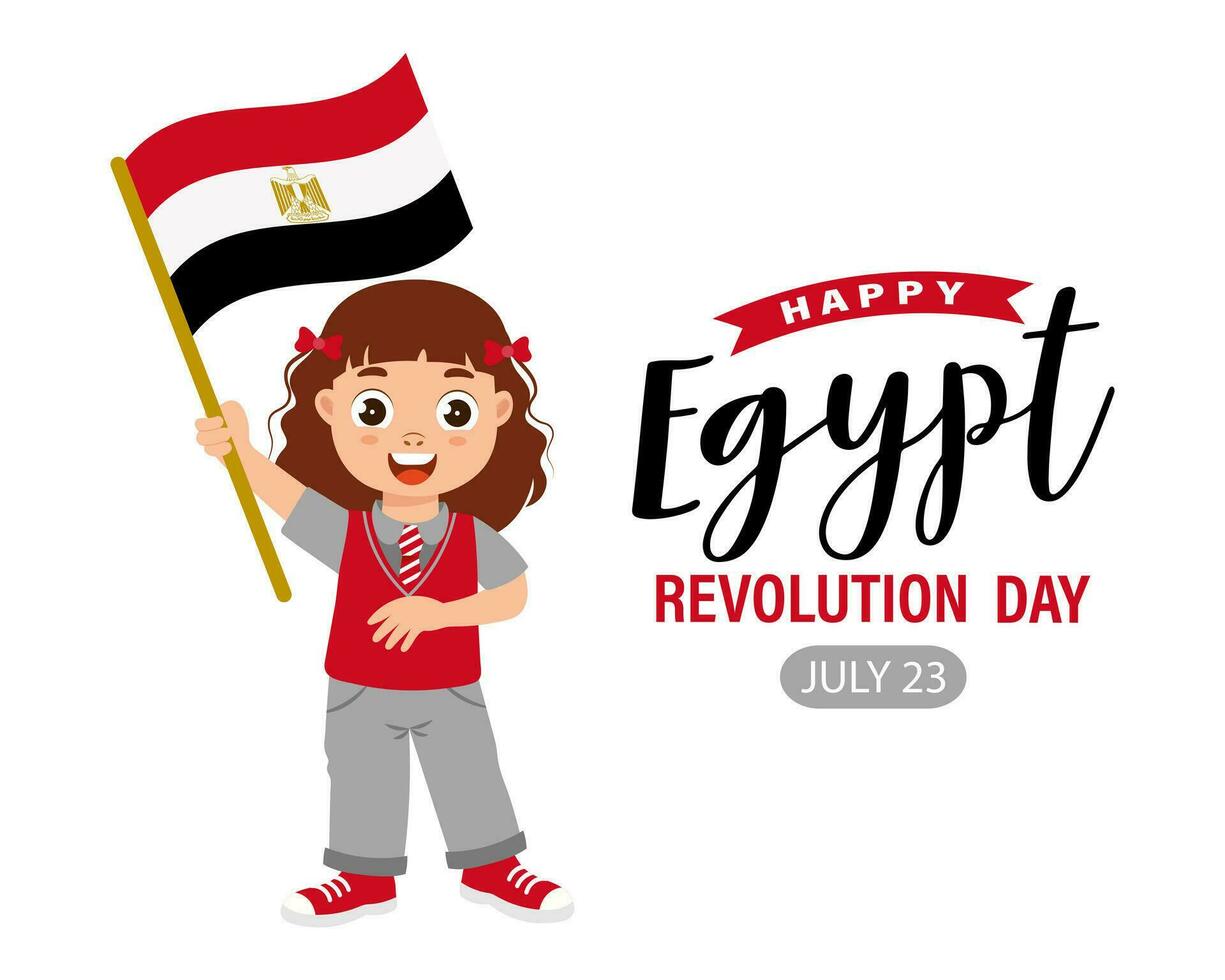 Egipto revolución día. linda pequeño niña con Egipto bandera. dibujos animados, bandera, póster, vector