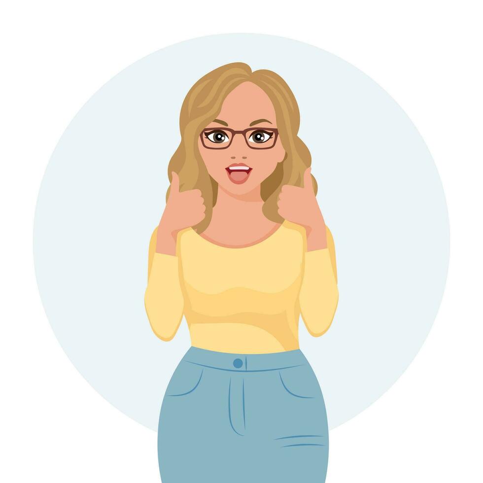 Young woman in glasses with a joyful expression and an ok gesture. Emotions and gestures. Flat style illustration, vector