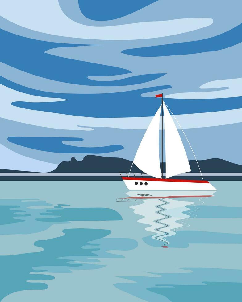 Seascape, white sailboat, yacht against the backdrop of the sea and mountains. Summer illustration, vector