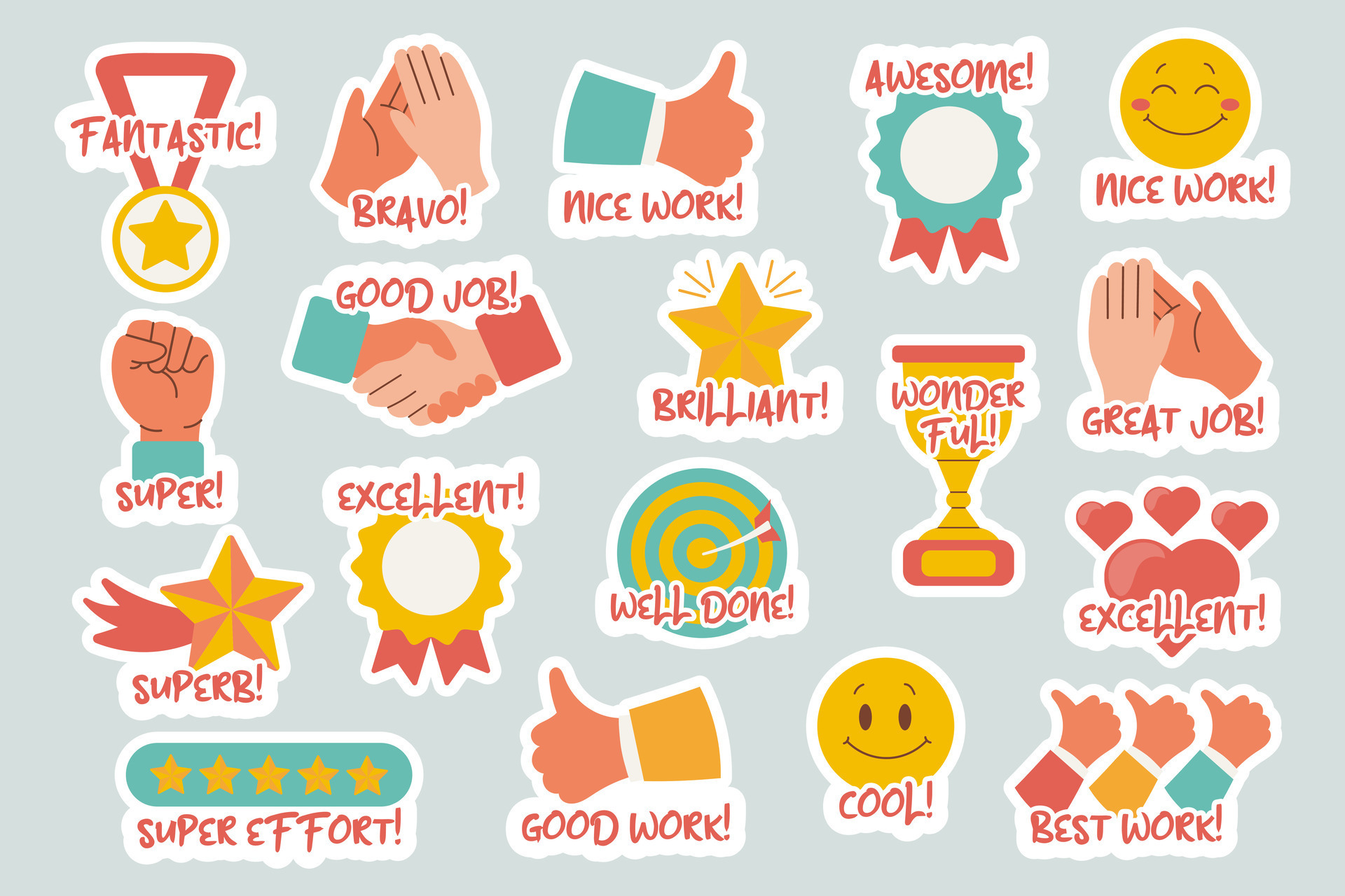 Collection of motivational stickers for great work. Stickers, badges,  icons. Flat style, vector 25464681 Vector Art at Vecteezy