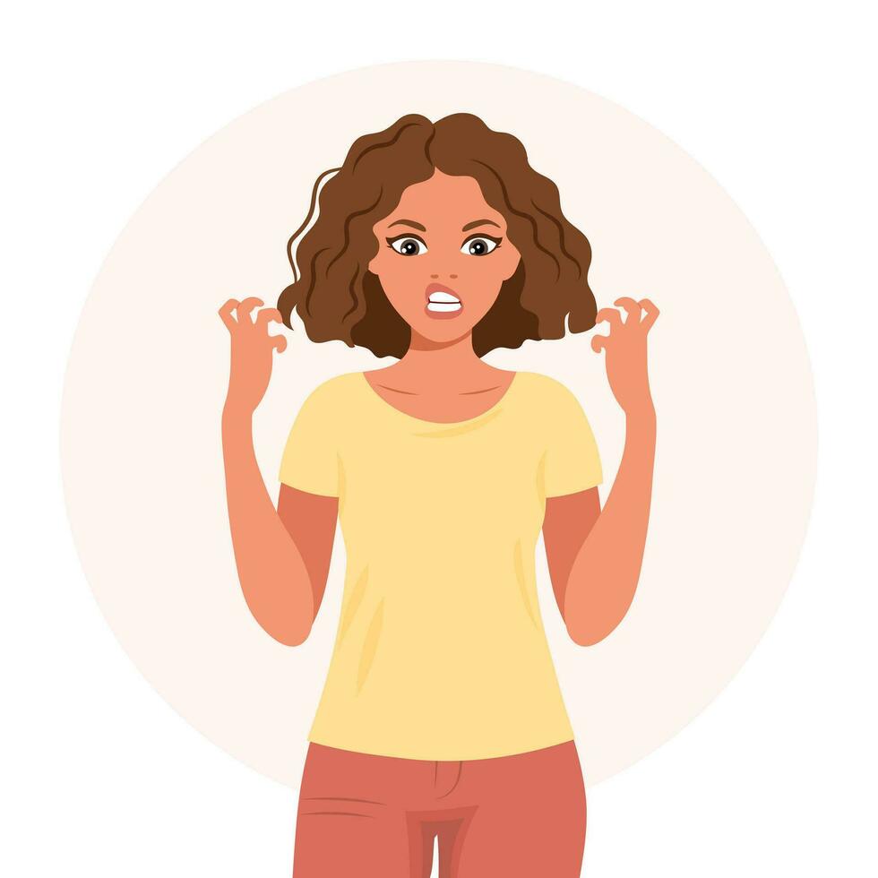 Aggressive woman with angry expression gesturing with her hands. Human emotions. Flat style illustration, vector