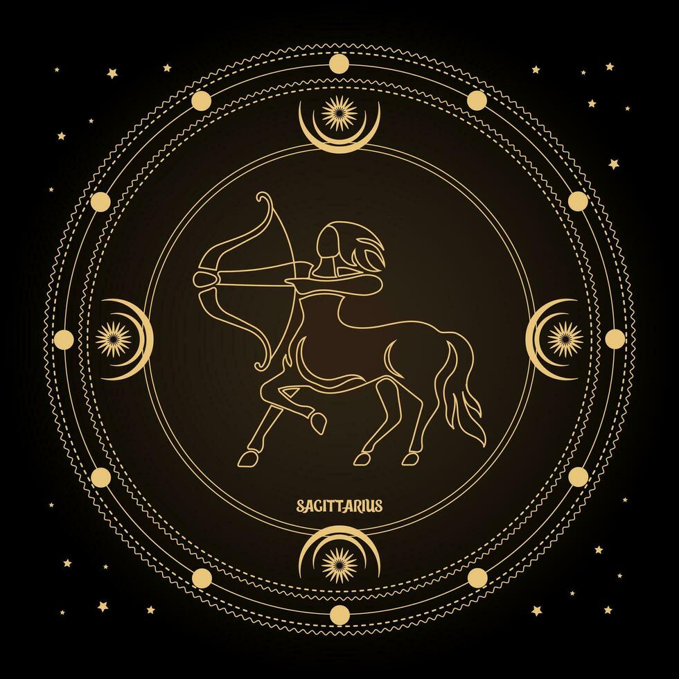 Zodiac sign Sagittarius, astrological horoscope sign in a mystical circle with moon, sun and stars. Golden design, vector