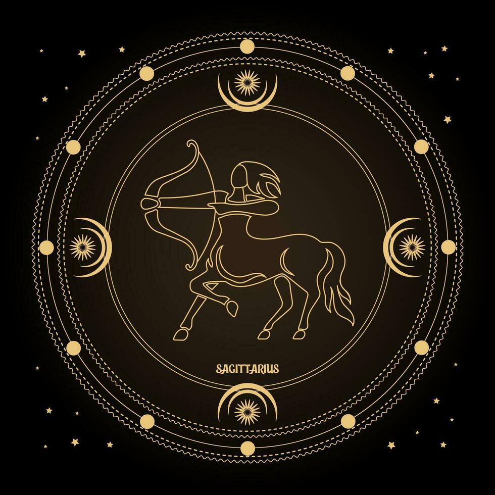 signo del zodiaco sagitario, signo del horóscopo astrológico en un círculo místico con luna, sol y estrellas. diseño dorado, vectorial vector