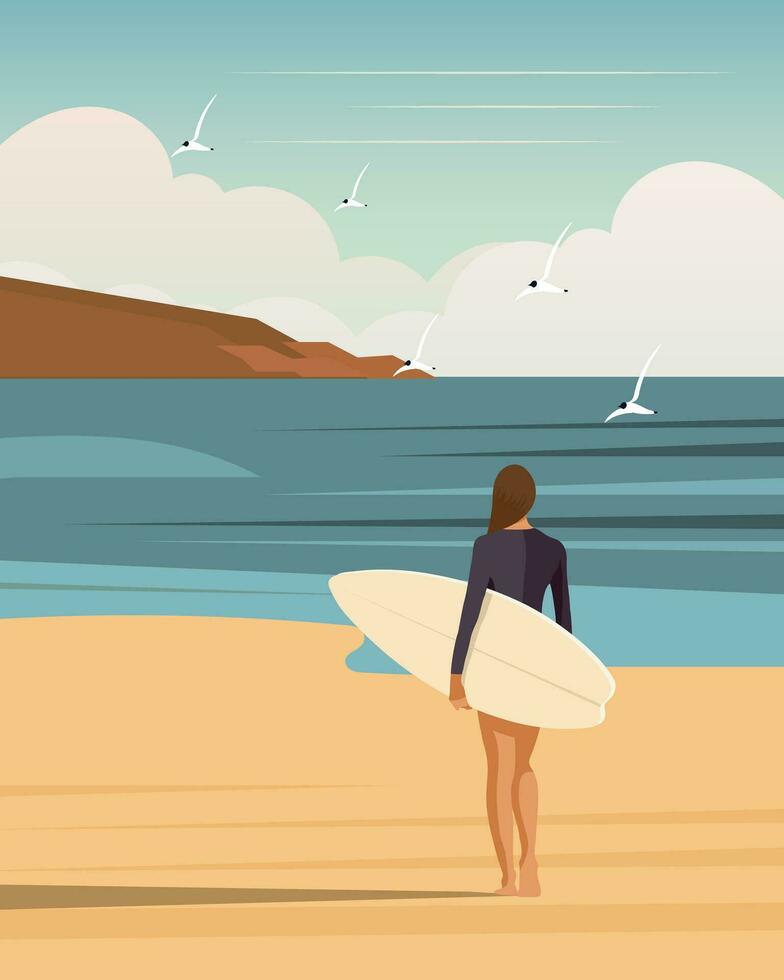 Surfer girl on the seashore with a surfboard against the backdrop of a seascape. Active holiday concept, poster, vector