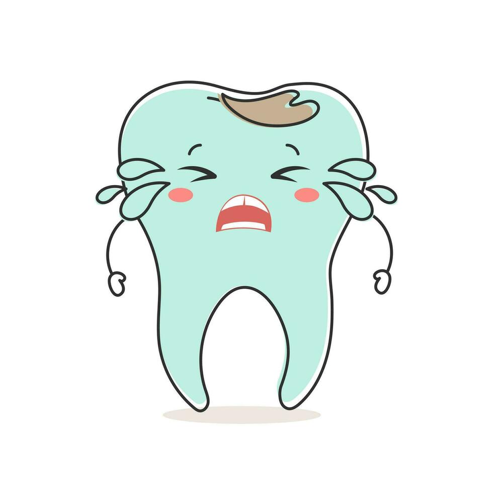 Kawaii unhealthy tooth with dental caries, cute cartoon character. Dental care. Illustration, icon, vector