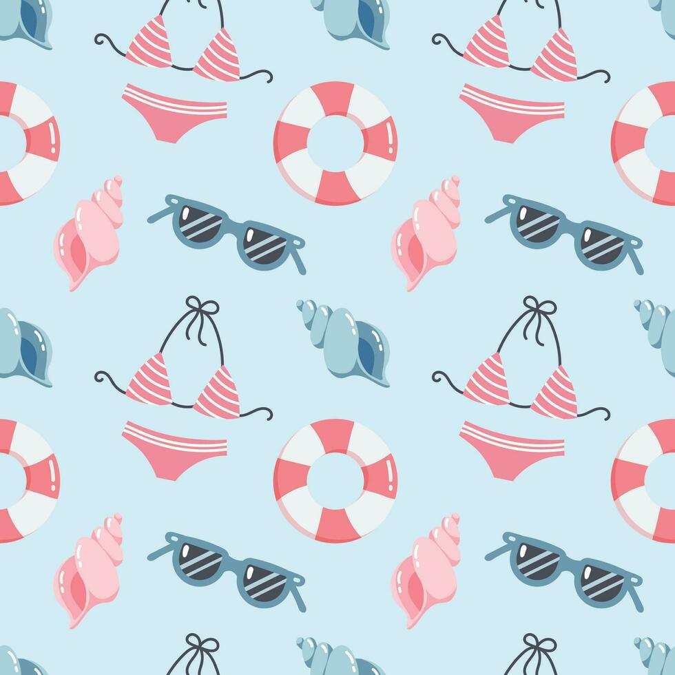 Seamless pattern, bikini, sunglasses, seashells on a gentle background. Print, summer background, textile, wallpaper, vector