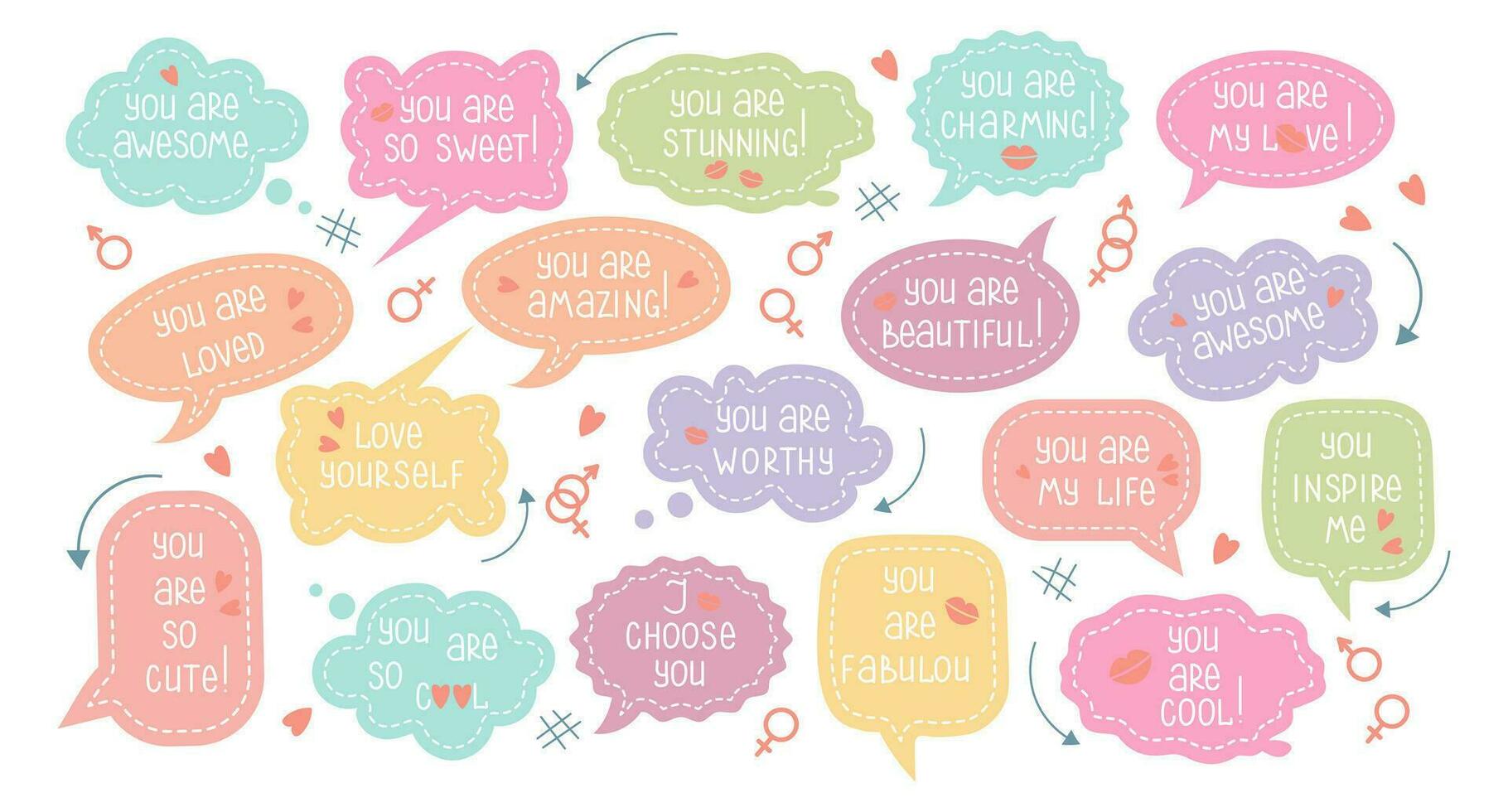 Set of inspirational speech bubbles with compliments, quotes about love for yourself and others. Cartoon icons, stickers, vector