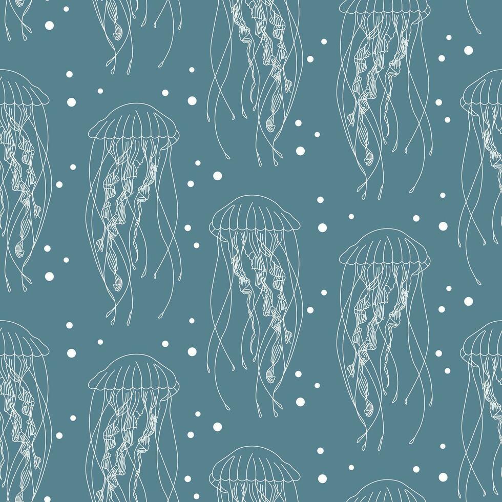 Seamless pattern, white contour jellyfish on a blue background. Print, textile, vector
