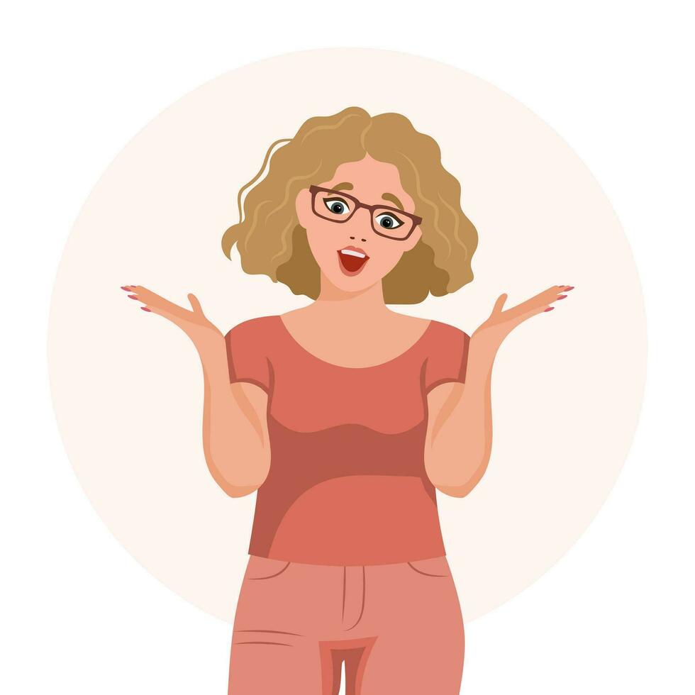 un joven mujer con lentes elevado su manos con un sorprendido expresión. emociones y gestos plano estilo ilustración, vector