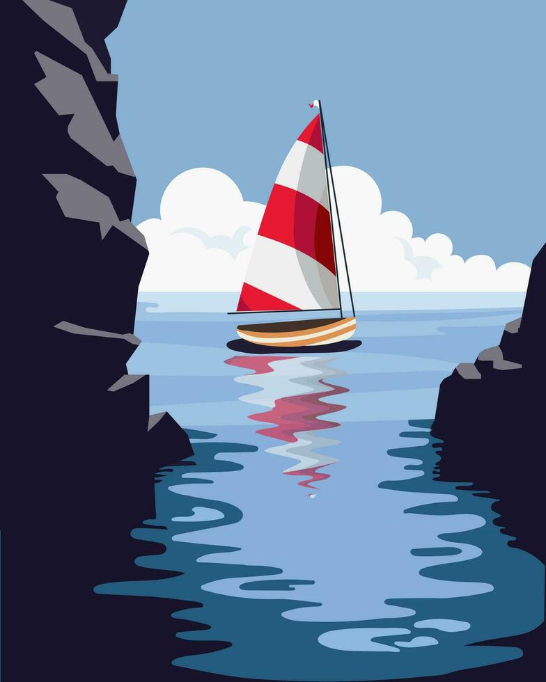 Seascape, a yacht with a white sail on the sea among the rocks. Poster, print, colorful summer marine illustration vector