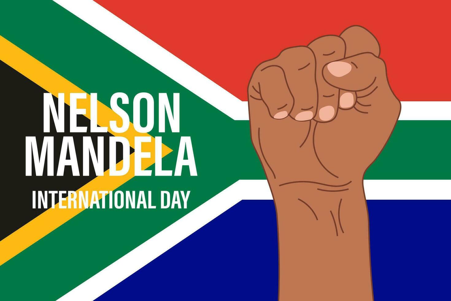 Nelson Mandela National Day. 18 July. Fist on the flag of South Africa. Illustration, banner, vector