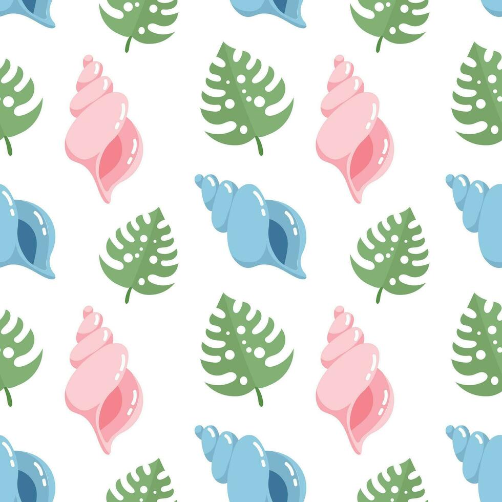 Seamless pattern, sea shells and tropical monstera leaves. Print, summer background, textile, vector