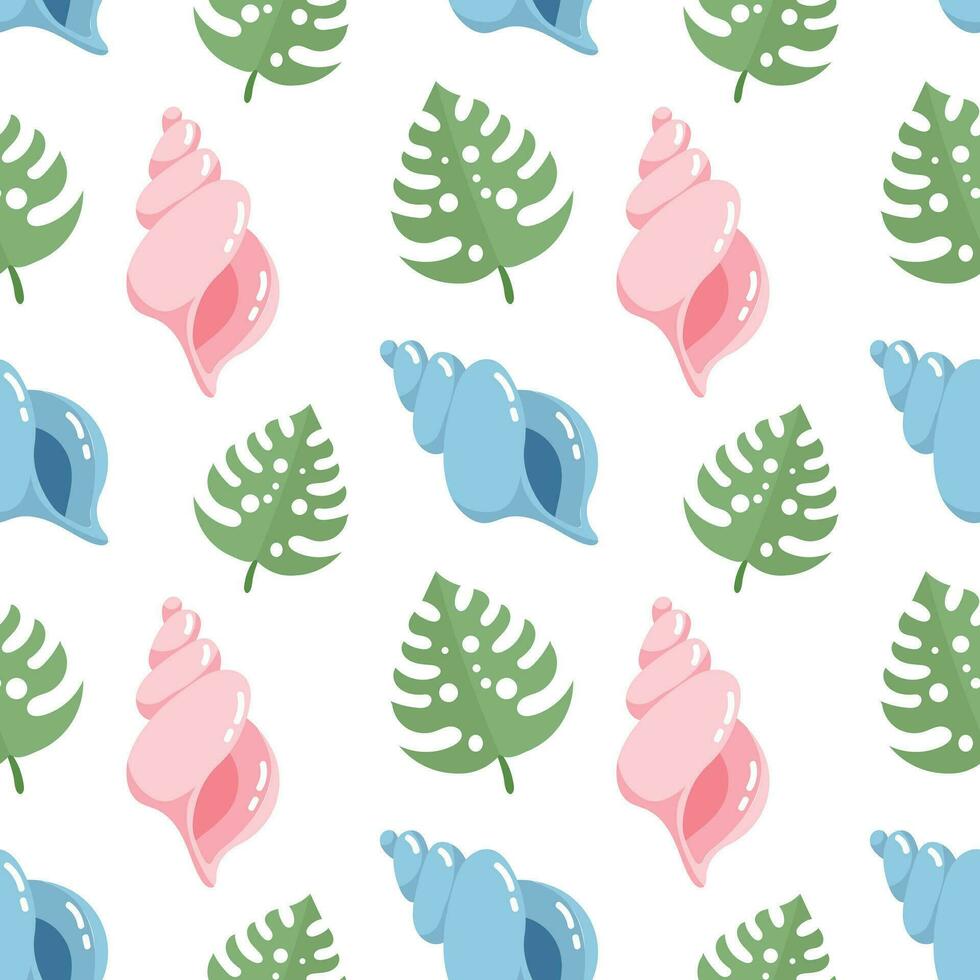 Seamless pattern, sea shells and tropical monstera leaves. Print, summer background, textile, vector