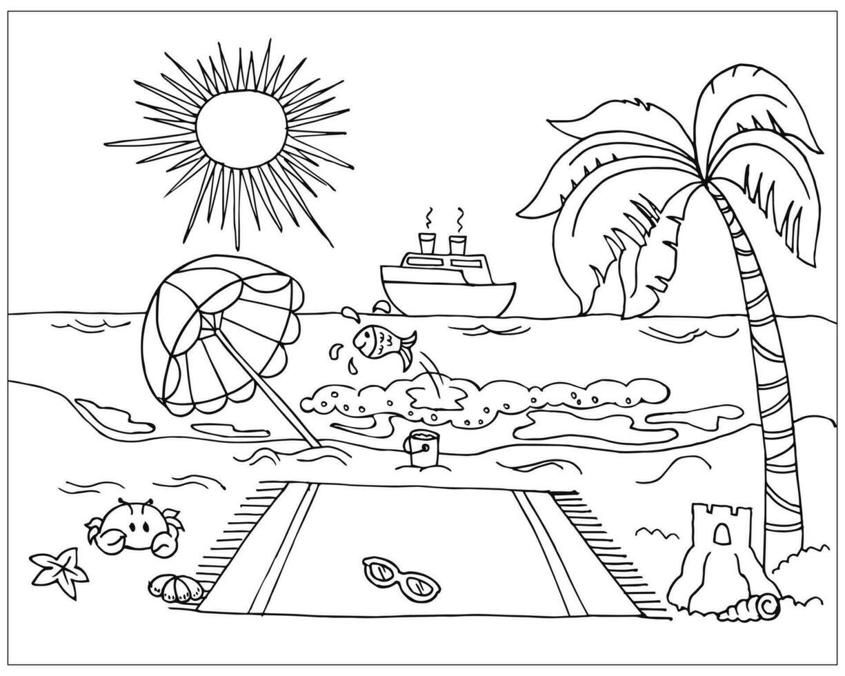 Summer illustration, sketch, beach paradise, towel, umbrella, palm tree and ship on the sea. Design for coloring book, hand drawn illustration, vector