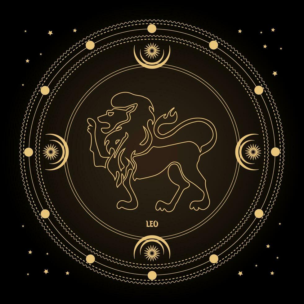 signo del zodiaco leo, signo del horóscopo astrológico en un círculo místico con luna, sol y estrellas. diseño dorado, vectorial vector