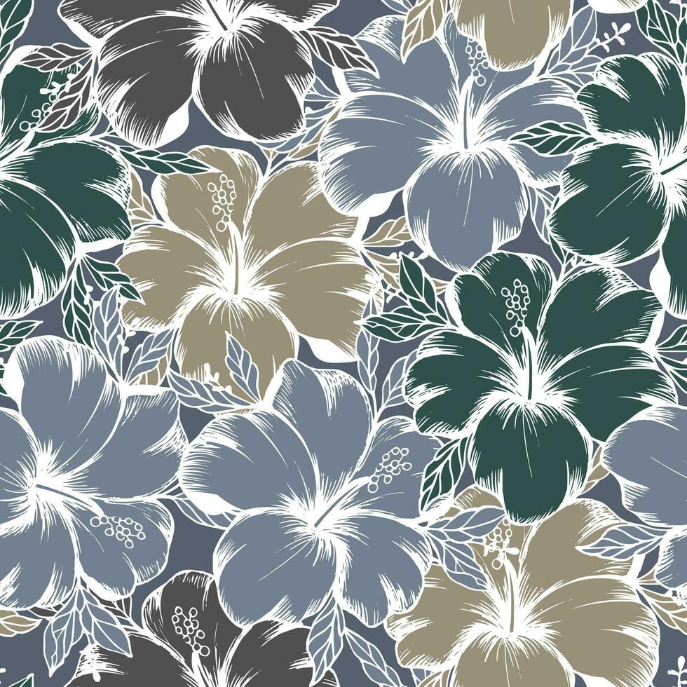 flores de hibisco de patrones sin fisuras, azul, verde y beige con contorno blanco. impresión retro, textil, fondo, vector