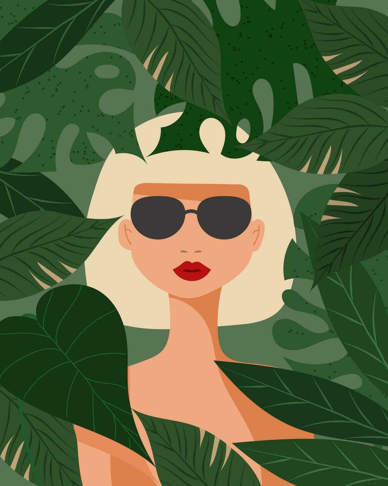 ilustración, hermosa mujer con gafas de sol sobre un fondo de hojas tropicales. póster, impresión, ilustración plana vector