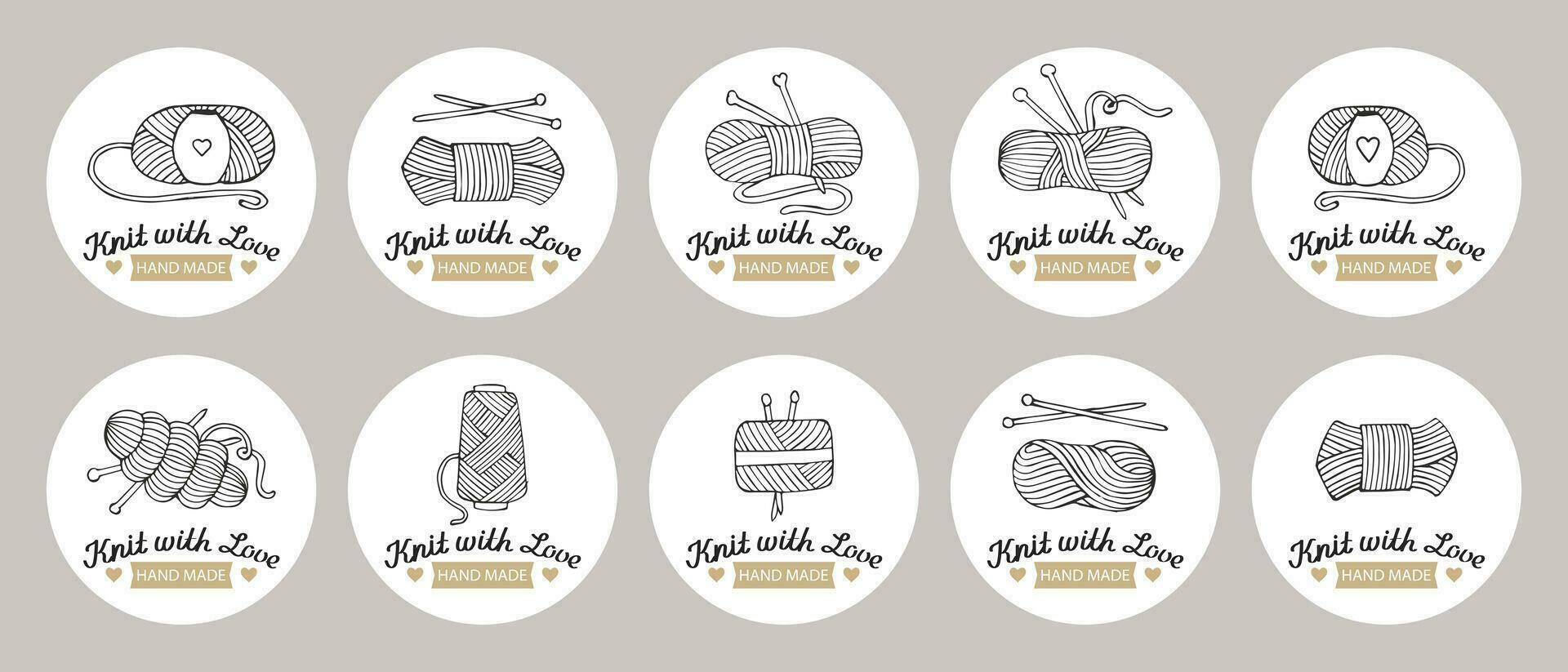 Set of stickers Knitting. knitting needles with skeins of yarn and lettering Knit with love. Hobby icons, logo, vector